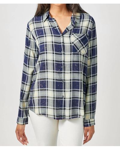 Mystree Washed Plaid Button Down Shirt - Blue
