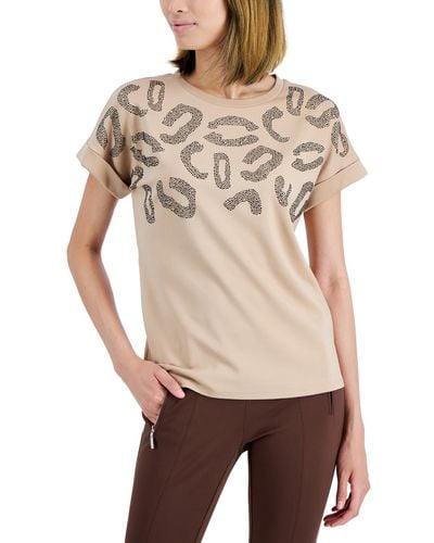 Anne Klein Plus Sequined Animal Print Pullover Top - Natural