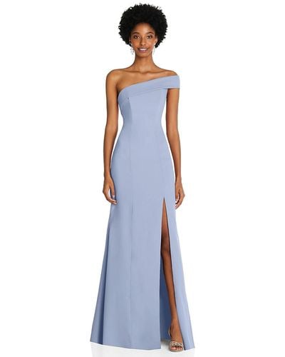 After Six Asymmetrical Off-the-shoulder Cuff Trumpet Gown With Front Slit - Blue