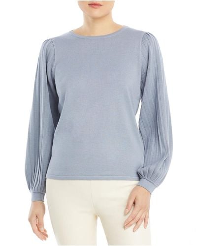 Tahari Pleated Sleeve Crewneck Pullover Sweater - Blue