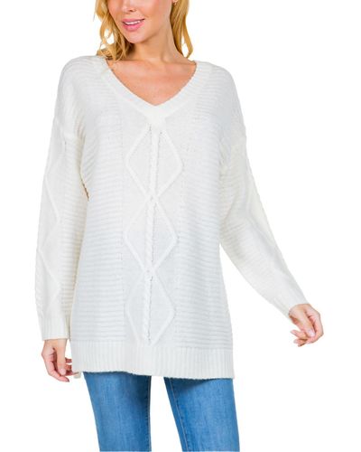 Fever Cable Knit Long Sleeve Pullover Sweater - White
