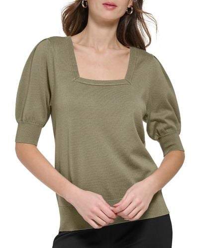 DKNY Ribbed Trim Square Neck Pullover Sweater - Green