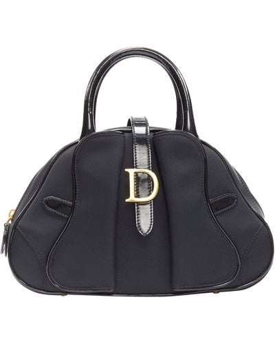 Dior Vintage Galliano Saddle Bowler Nylon Gold D Logo Top Handle Tote Bag - Blue