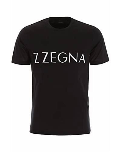 Zegna Men Large Front Logo Short Sleeve Crew Neck Cotton T-shirt - Black