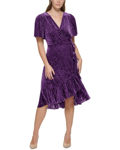 Calvin Klein Faux Wrap Velvet Wrap Dress - Purple