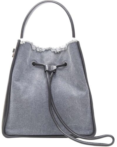 3.1 Phillip Lim Soleil Blue Denim Black Leather Drawstring Top Handle Bucket Bag - Gray