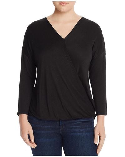 Status By Chenault Plus V Neck 3/4 Sleeve Wrap Top - Black