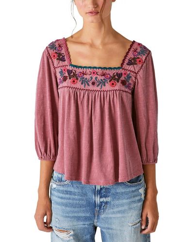 Lucky Brand Square Neckline Embroide Peasant Top - Red