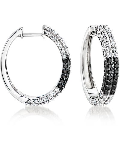 Ross-Simons White And Diamond Checkered Hoop Earrings - Metallic
