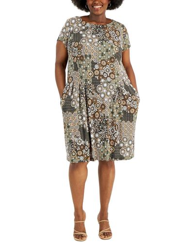 Connected Apparel Plus Printed Short Sleeve Fit & Flare Dress - Natural