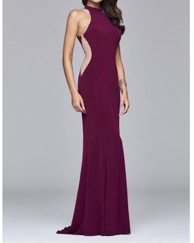 Faviana Side Mesh Cut Out Evening Gown - Purple