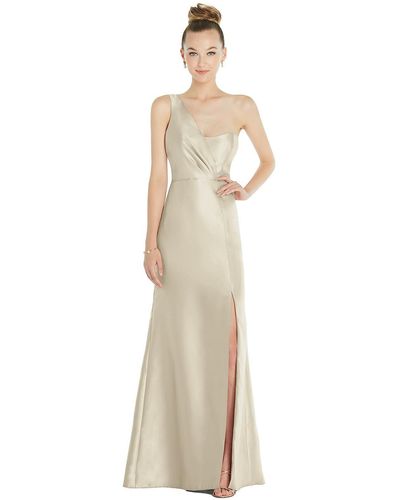 Alfred Sung Draped One-shoulder Satin Trumpet Gown With Front Slit - Natural