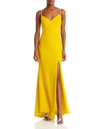 Aqua Embellished Strap Long Evening Dress - Yellow