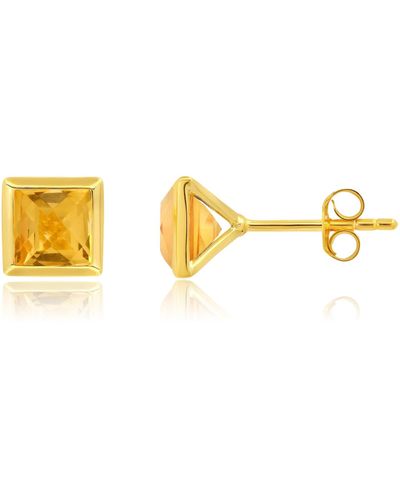 Nicole Miller Sterling Silver And 14k Yellow Gold Plated Princess Cut 6mm Gemstone Square Stud Earrings - Metallic