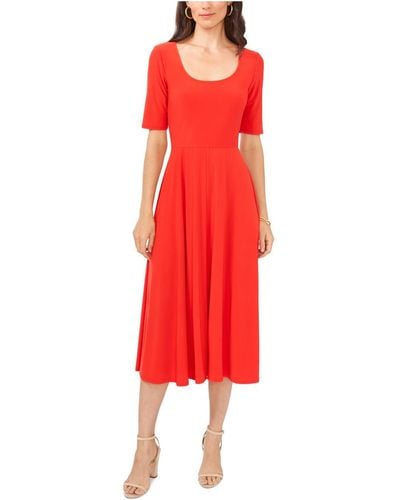 Msk Elbow Sleeve Scoop Neck Midi Dress - Red