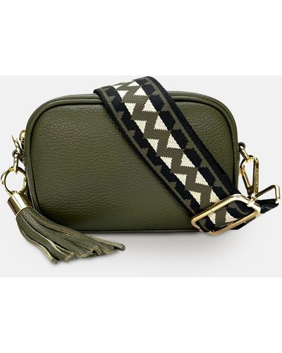 Apatchy London The Mini Tassel Olive Leather Phone Bag With Olive Zigzag Strap - Green