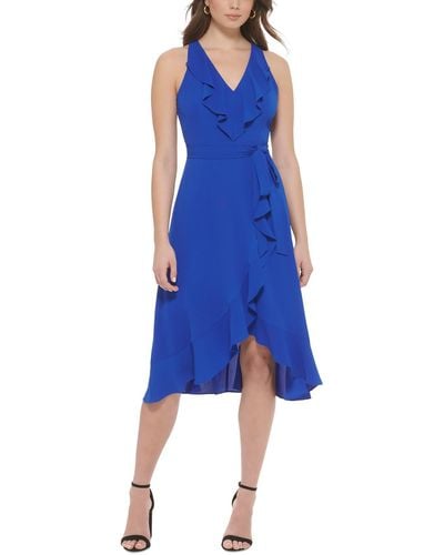 Kensie Asymmetric Mid-calf Wrap Dress - Blue
