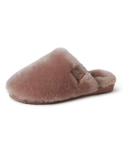 Dearfoams Ez Feet Fluffy Genuine Shearling Scuff Slipper - Natural