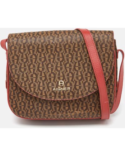 Aigner /red Signature Coated Canvas And Leather Crossbody Bag - Brown