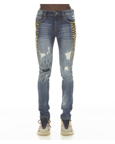 Cult Of Individuality Punk Super Skinny In Tiger Lucky Bastard - Blue