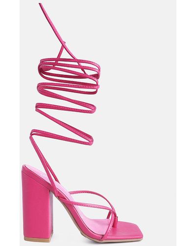 LONDON RAG Pole Dance Lace Up Block Heeled Sandals - Pink