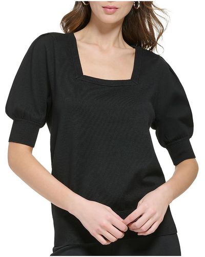 DKNY Ribbed Trim Square Neck Pullover Sweater - Black
