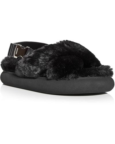 Moncler Solarisse Fur Leather Faux Fur Slingback Sandals - Black