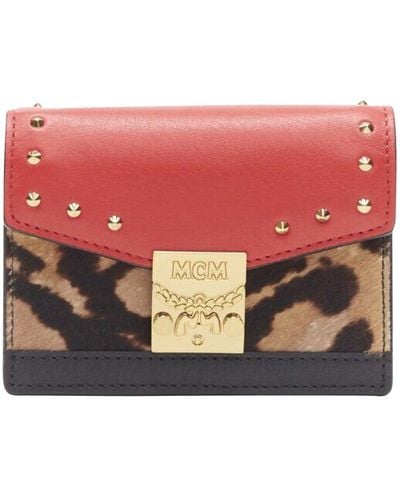 MCM New Red Leopard Gold Studded Flap Cardholder Micro Crossbody Chain Bag