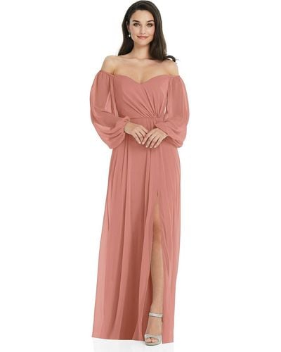 Dessy Collection Off-the-shoulder Puff Sleeve Maxi Dress With Front Slit - Red