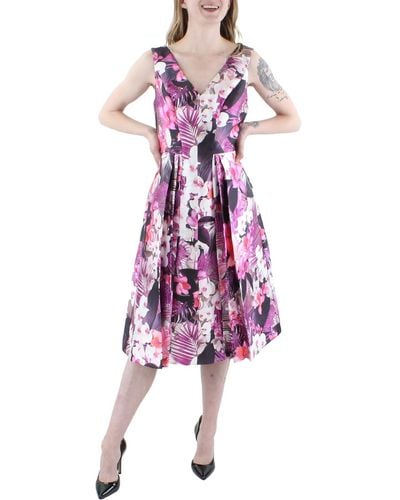 Kay Unger Floral Pleated Cocktail And Party Dress - Purple