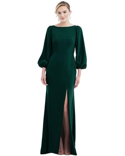 Dessy Collection Bishop Sleeve Open-back Trumpet Gown With Scarf Tie - Green