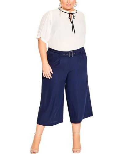 City Chic Belted Polyester Wide Leg Pants - Blue