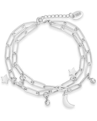 Sterling Forever Cz, Moon, & Star Double Chain Bracelet - White