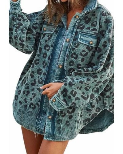 Bibi Vintage Washed Leopard Corduroy Buttoned Shacket - Blue