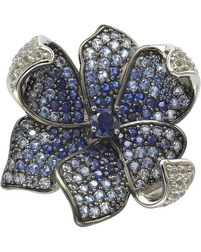 Suzy Levian Sterling Silver Sapphire & Diamond Accent Flower Petal Brooch - Blue