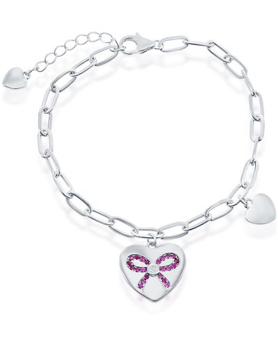 Simona Sterling Silver Heart With Ruby Cz Ribbon Paperclip Bracelet - Metallic