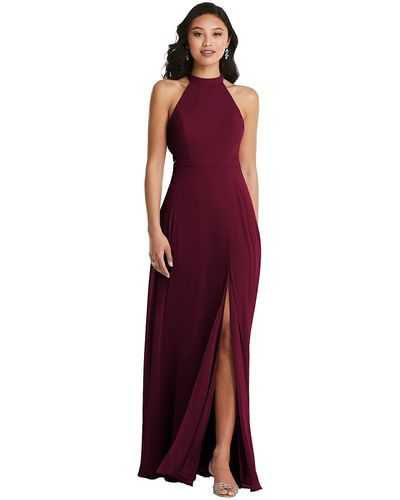 Dessy Collection Stand Collar Halter Maxi Dress With Criss Cross Open-back - Red