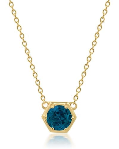 Nicole Miller 14k Yellow Gold Overlay Over Sterling Silver Round Gemstone Hexagon Stationary Pendant Necklace On 18 Inch Chain - Blue