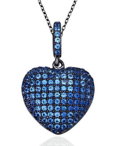Suzy Levian Cubic Zirconia Blackened Sterling Silver Pave Heart Pendant - Blue