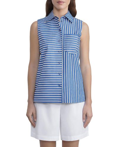 Lafayette 148 New York Striped Collared Button-down Top - Blue