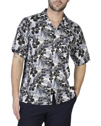 Tailorbyrd Hibiscus Leaves Short Sleeve Camp Shirt - Black
