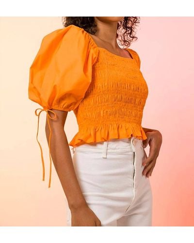 Line & Dot Short-sleeve Smocked Top - Orange