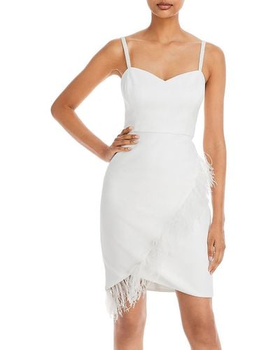 Aqua Faux Feather Trim Polyester Cocktail And Party Dress - White