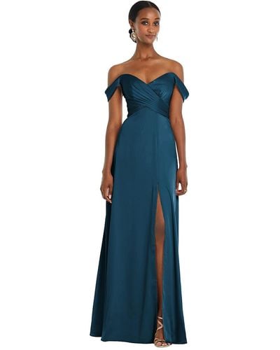 Dessy Collection Off-the-shoulder Flounce Sleeve Empire Waist Gown With Front Slit - Blue