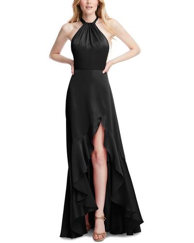 Social Bridesmaid Slit Polyester Halter Dress - Black