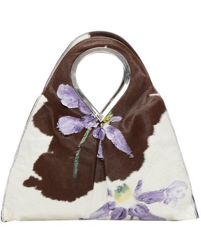 Versace Gianni 1999 Runway Handpainted Purple Floral Brown Cow Print Horsehair Bag