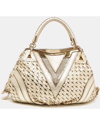 Versace Woven Leather V Crystals Bag - Natural