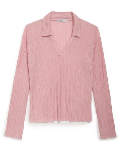 Stateside Knit Plisse Long Sleeve Polo In Chalk Pink