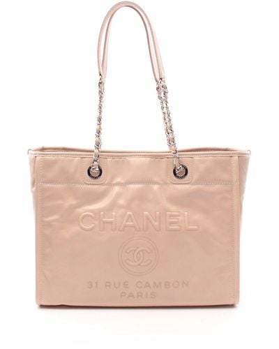 Chanel Deauville Chain Shoulder Bag Chain Tote Bag Leather Beige Silver Hardware - Pink
