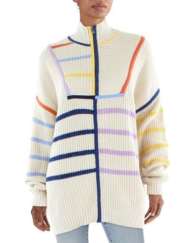 STAUD Hampton Striped Front Half Zip Turtleneck Sweater - Blue